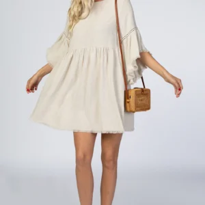 Beige Raw Edge Bell Sleeve Babydoll Dress