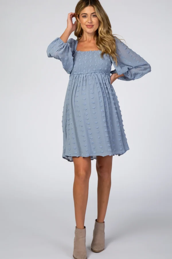 Dot Smocked Square Neck Chiffon Maternity Dress