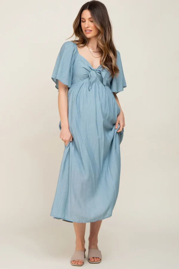 Blue Front Tie Maternity Midi Dress
